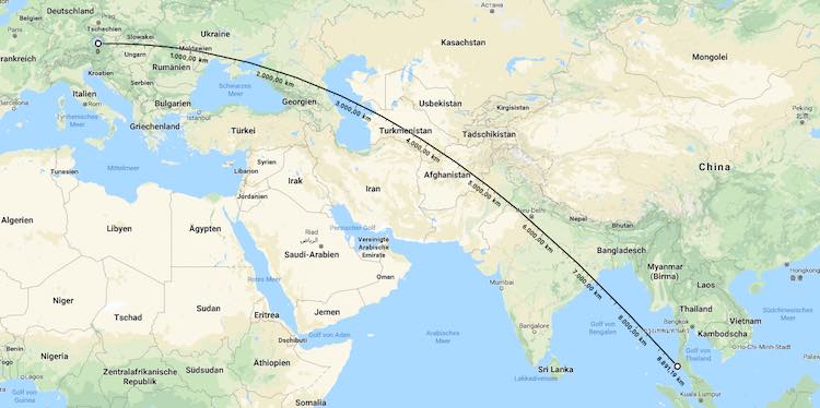 Google Maps mit Entfernungsmessung zwischen Österreich und Thailand, Wanderhunger, Auswandern nach Thailand