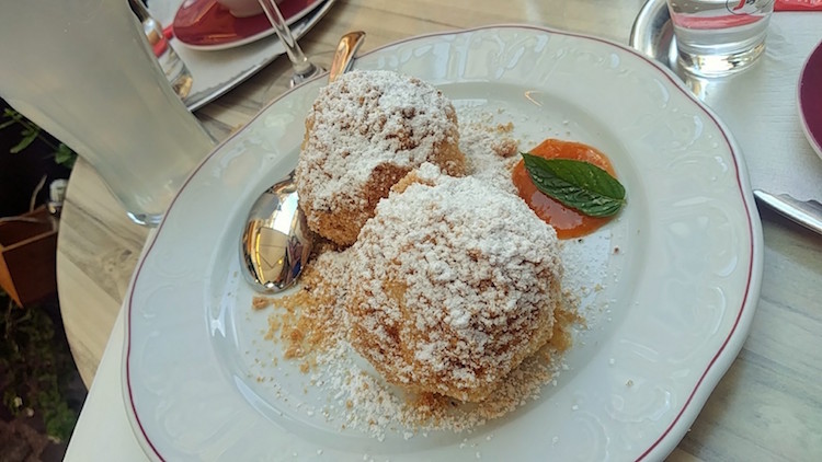 Flaumige Marillenknödel mit Butterbrösel zur Marillenzeit in Krems an der Donau. Wanderhunger