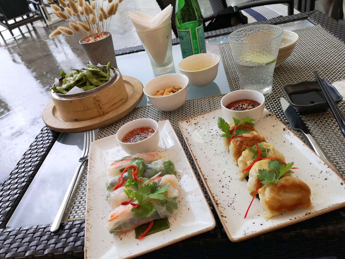 Die hervorragenden Appetizer im Restaurant Aqua im Luxusuhotel Mandarin Oriental in Kuala Lumpur (Edamame, Gyoza, Vietnamese Paper Rolls). Wanderhunger