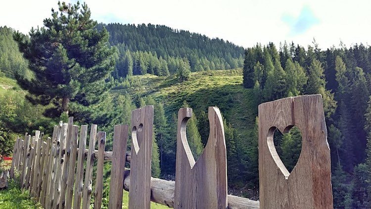 Der hübsche Herzerl-Zaun vor der Schönwetterhütte, dahinter die Almen. Wanderhunger
