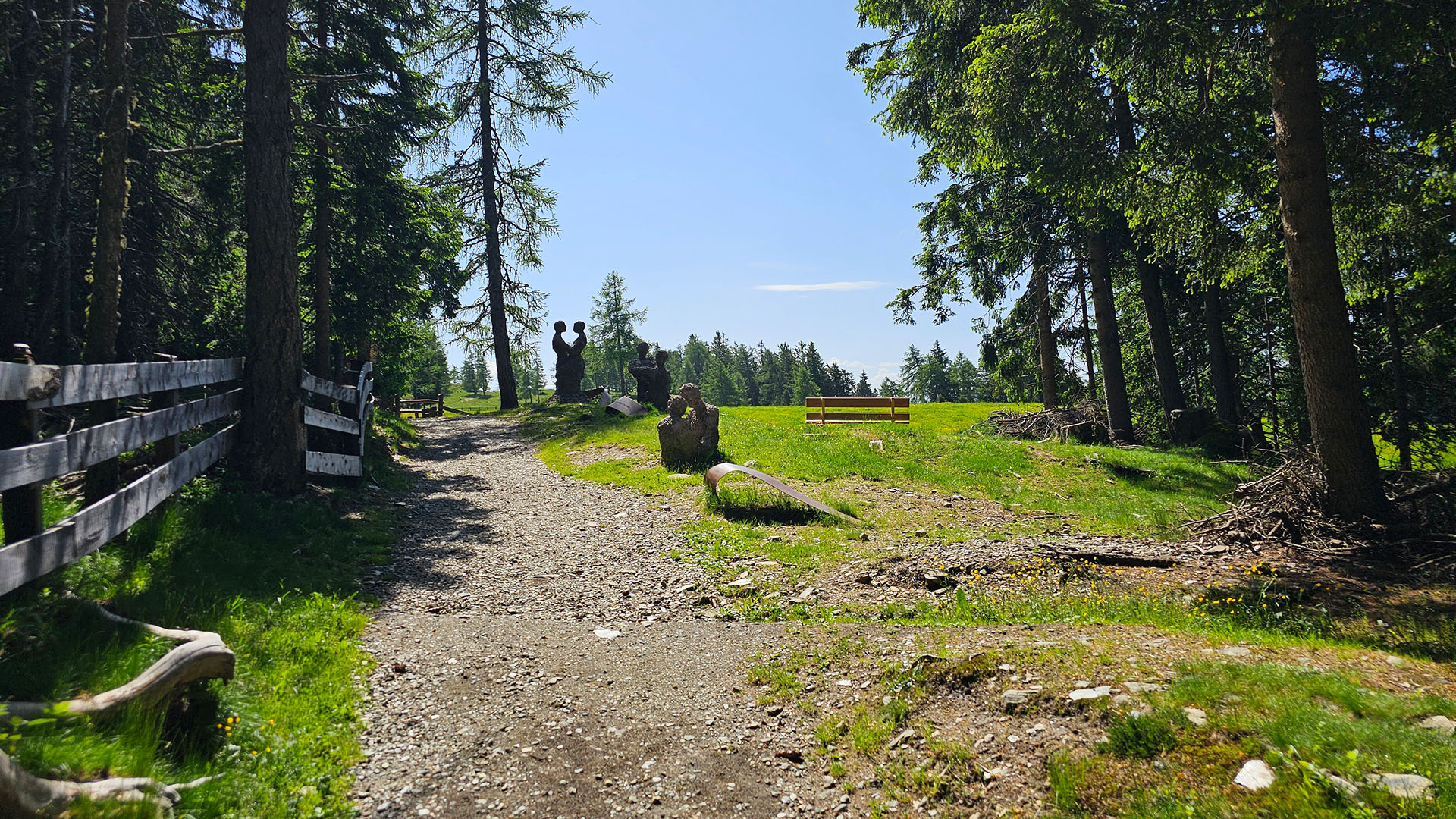 Forststraße auf einer Alm mit Skulpturen