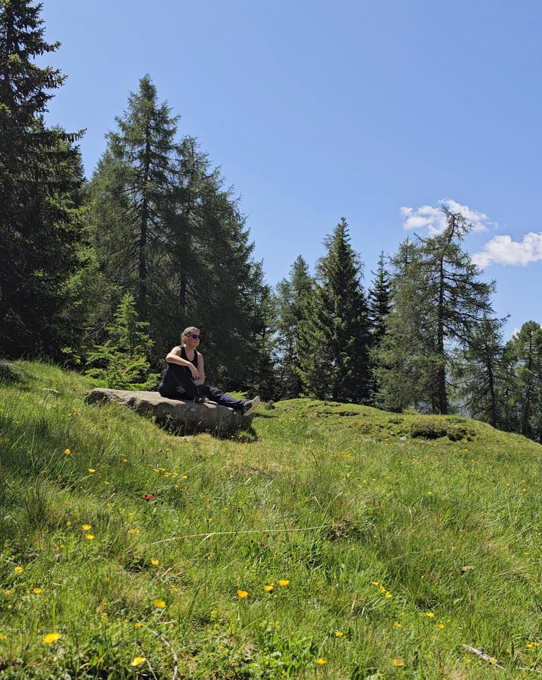 Eine Frau macht Pause auf einem Felsen in einer Almwiese