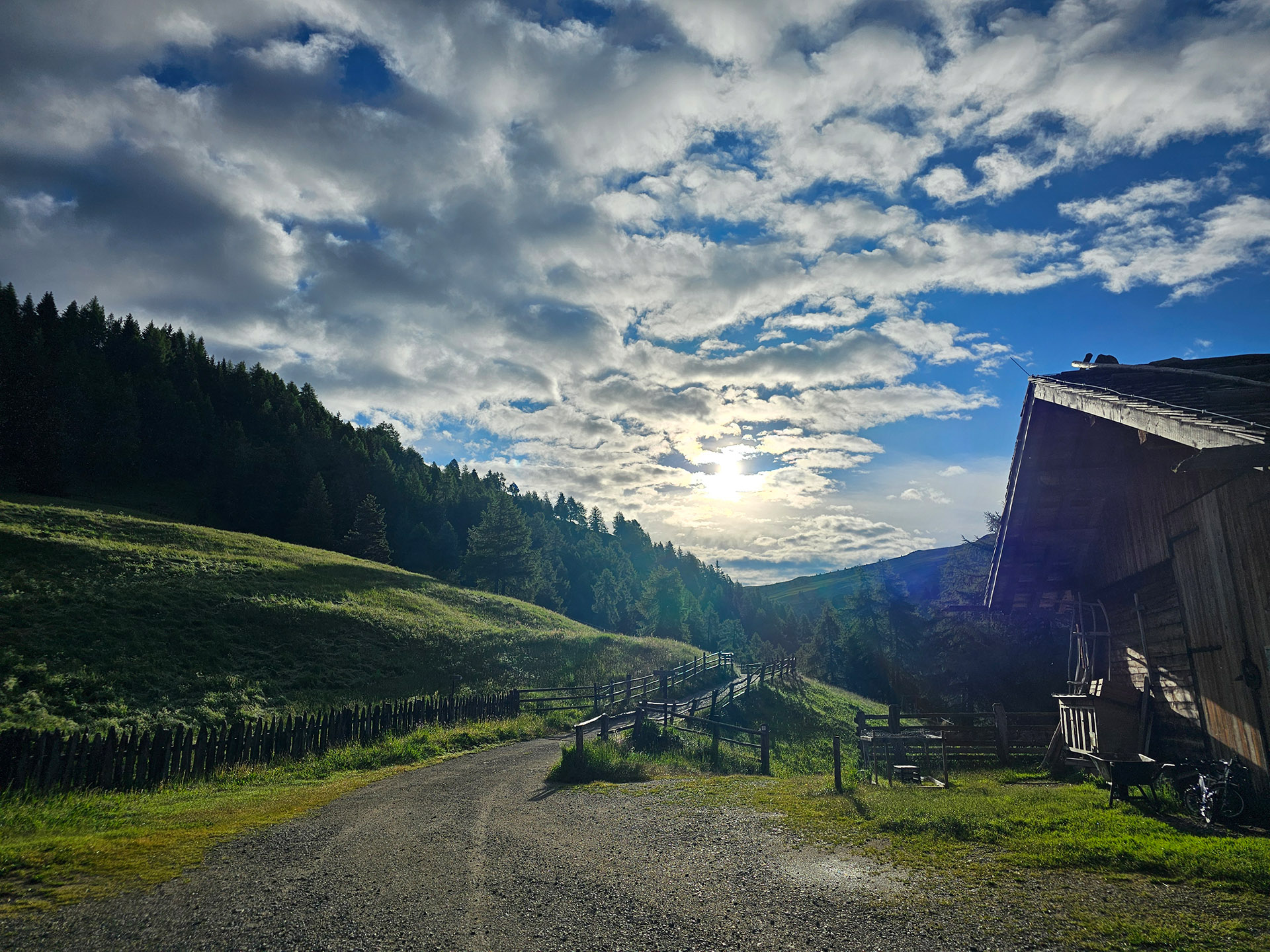 Morgendliche Stimmung über einer Forststraße bei einer Almhütte