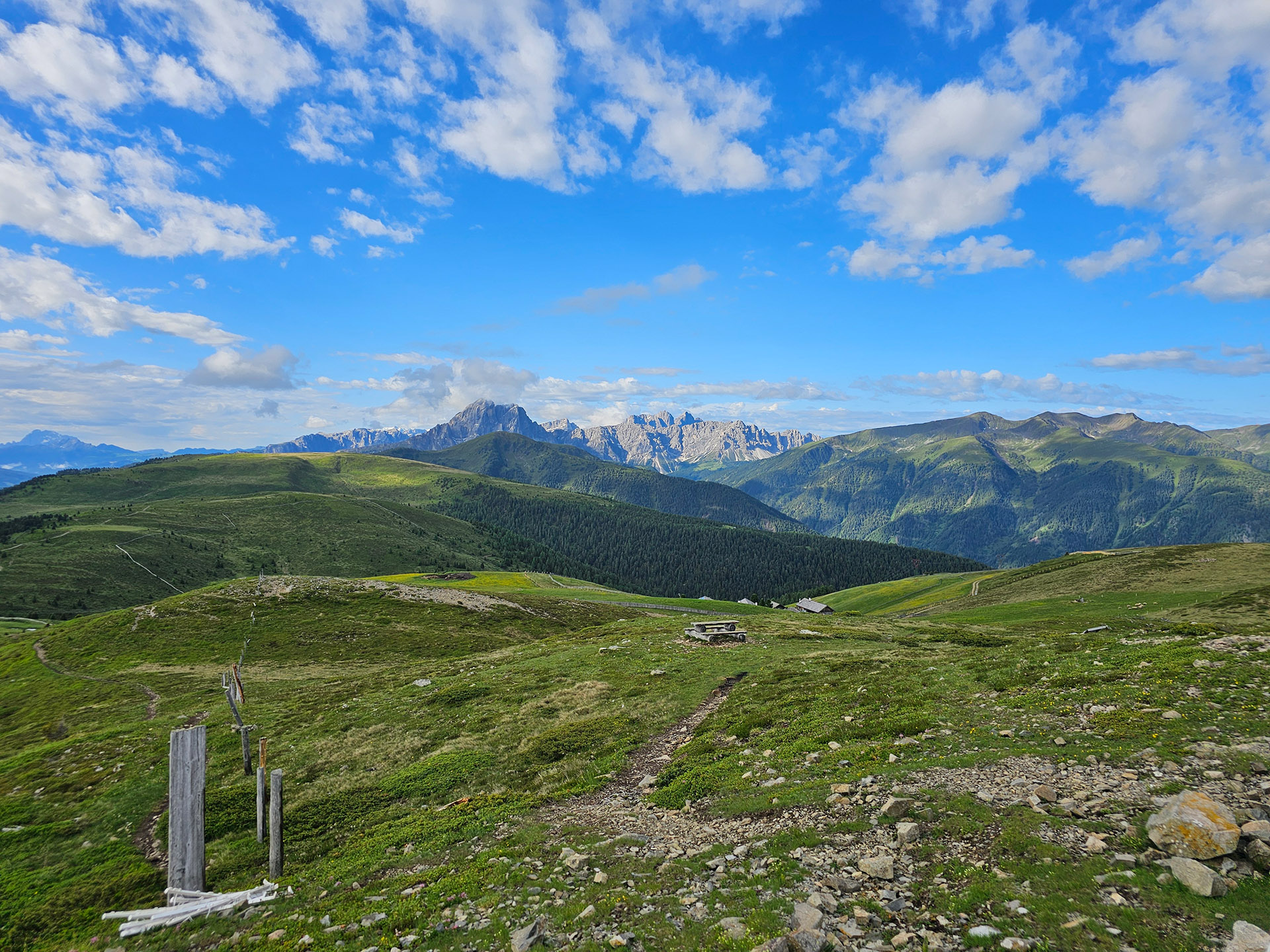 Blick über Almwiesen ins Gebirge