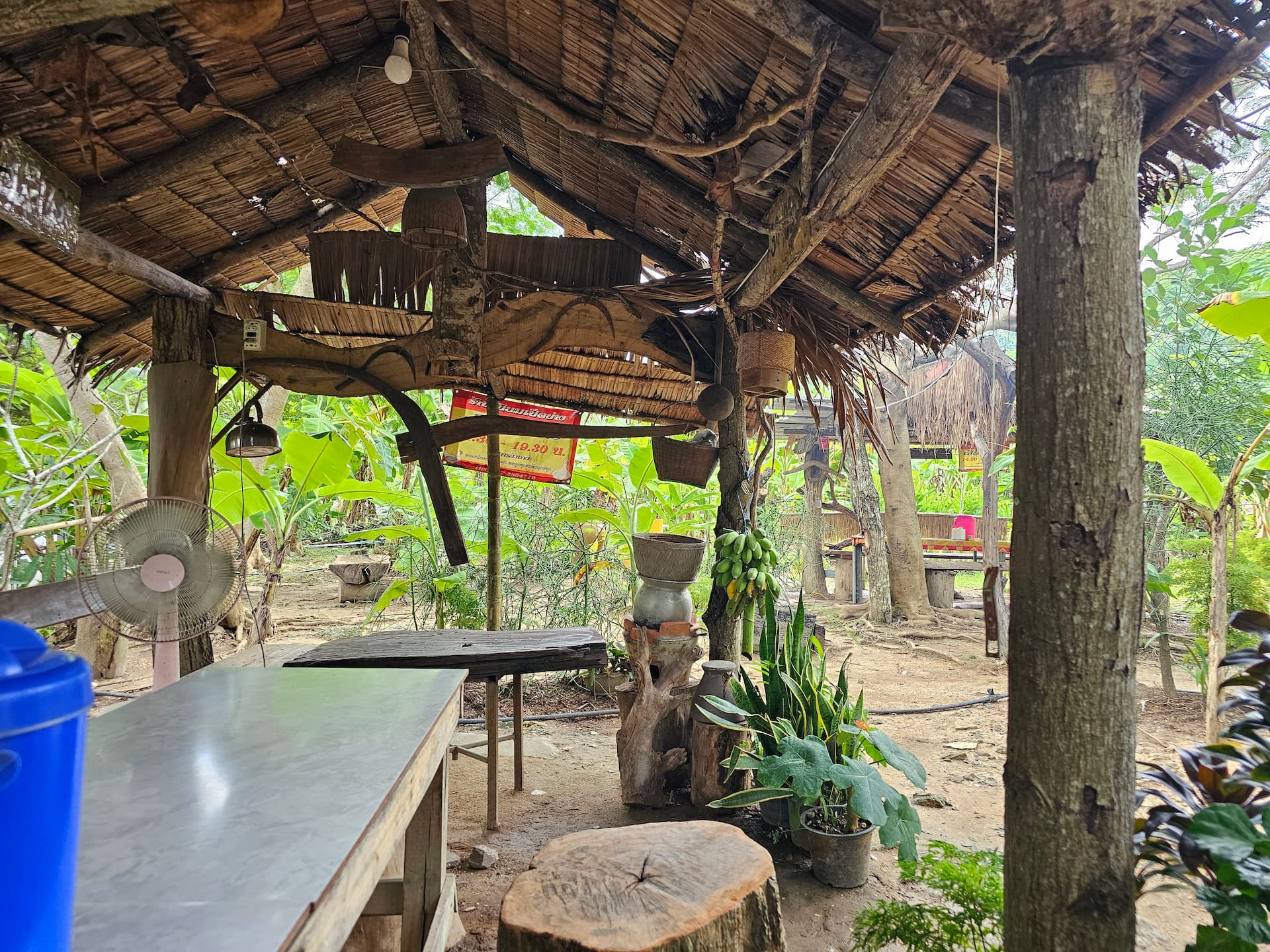 Simpler Gastgarten in Bananenplantage in Asien